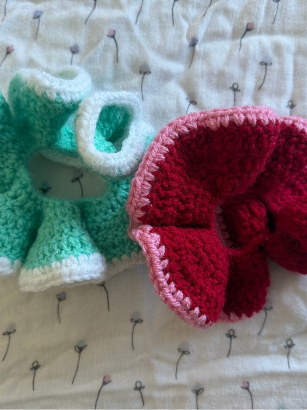 Handmade Crochet Hair Scrunchie Set in Mint Green and Dark Pink